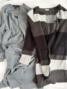 Gray & Brown Striped Open-Front Cardigans